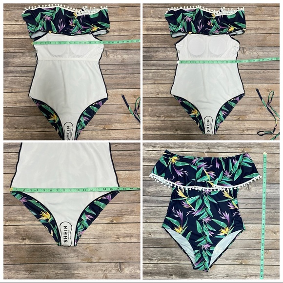 Shein Tropical Floral Flounce Navy One Piece Bathing Suit NWOT Medium Pom Poms - Picture 11 of 12